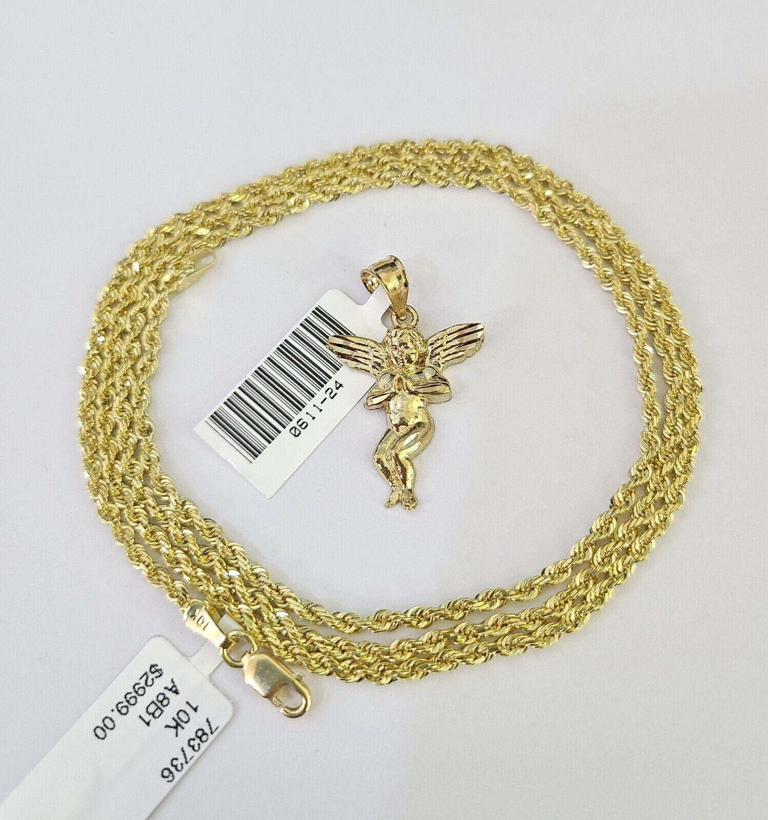 10k Solid Rope Chain 2mm Praying Angel Pendant Charm Necklace SET 18-22" Ladies